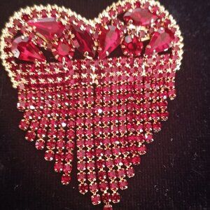 Red Heart Brooch w/ all Red Rhinestones
